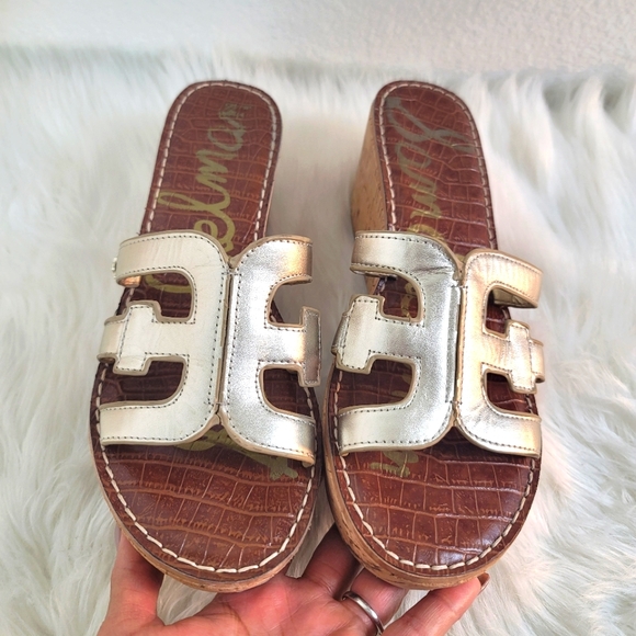 Sam Edelman Shoes - SAM EDELMAN REGIS LIGHT GOLD LEATHER PLATFORM WEDGE SLIDE SANDALS WOMENS SZ 9.5